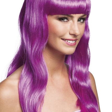 Feestbazaar Pruik Lang Haar Pony Paars Chique