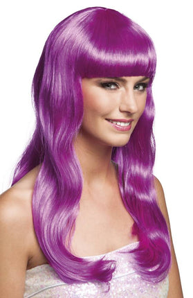 Feestbazaar Pruik Lang Haar Pony Paars Chique