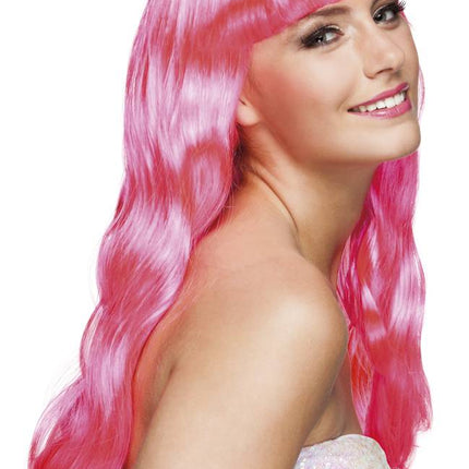 Feestbazaar Pruik lang haar pony roze Chique