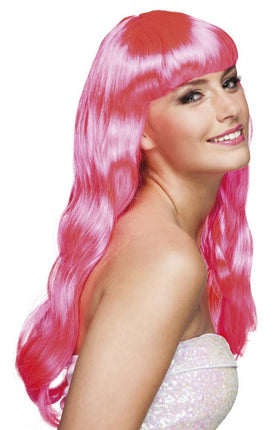 Feestbazaar Pruik lang haar pony roze Chique