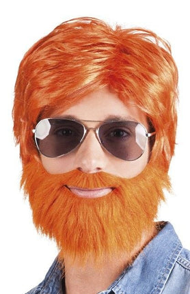 Feestbazaar Pruik met baard oranje