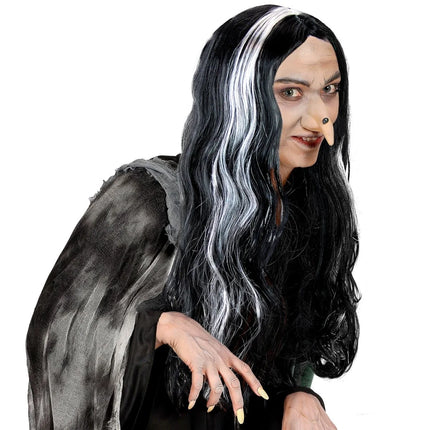 Feestbazaar Pruik Morticia Zwart met Grijze Strepen