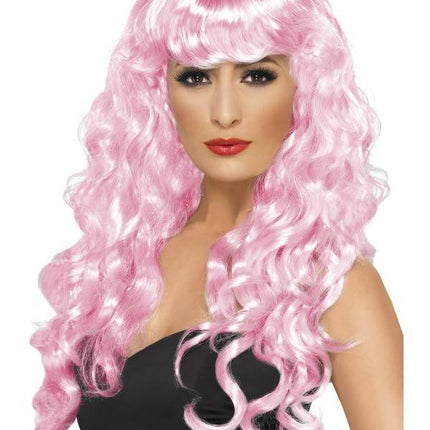 Feestbazaar Pruik Siren lang haar pink