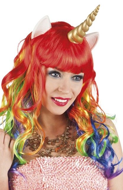 Feestbazaar Pruik Unicorn met hoorn en oortjes