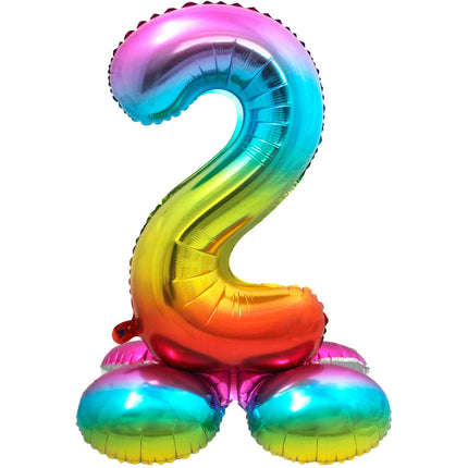 Feestbazaar Regenboog Folieballon Cijfer 2 Op Standaard - 72cm