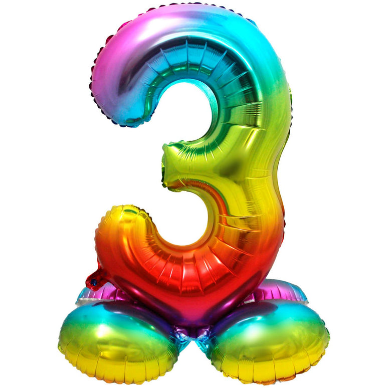 Feestbazaar Regenboog Folieballon Cijfer 3 Op Standaard - 72cm