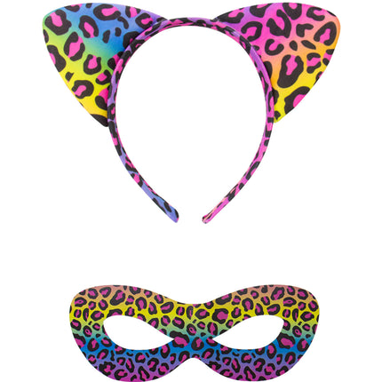 Feestbazaar Regenboogkleurige Panter Verkleed Set - Tiara en Masker
