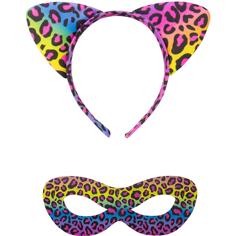Feestbazaar Regenboogkleurige Panter Verkleed Set - Tiara en Masker