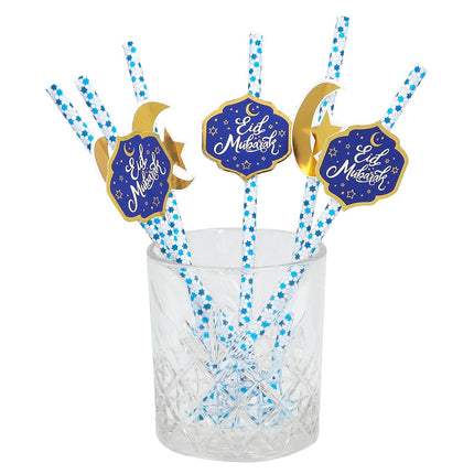 Feestbazaar Rietjes Eid Mubarak Blauw/Goud (6st)