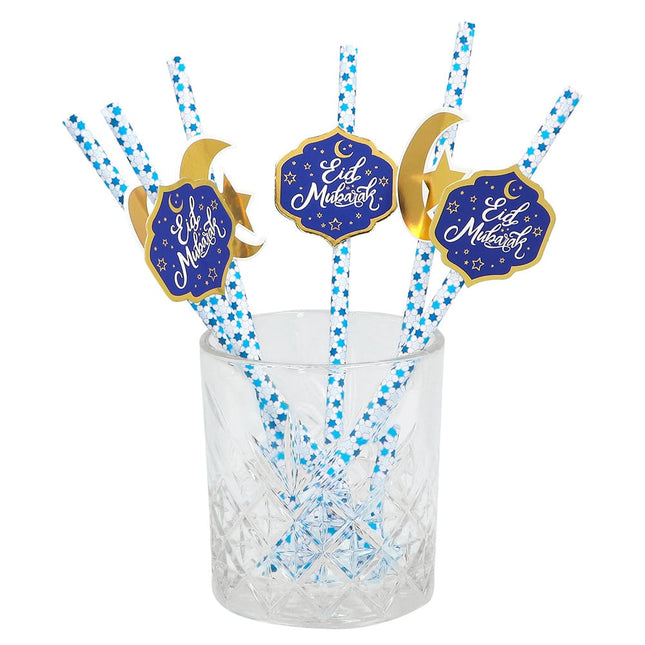 Feestbazaar Rietjes Eid Mubarak Blauw/Goud (6st)