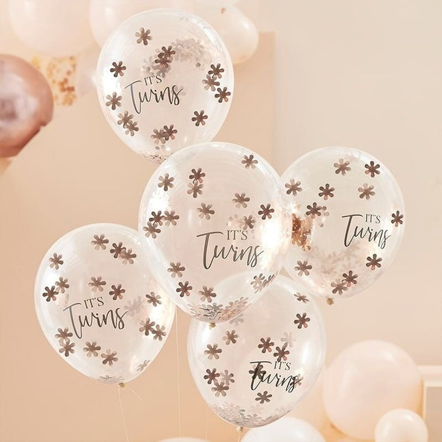 Feestbazaar Rose gouden Confetti ballonnen 'It's Twins' (5st)