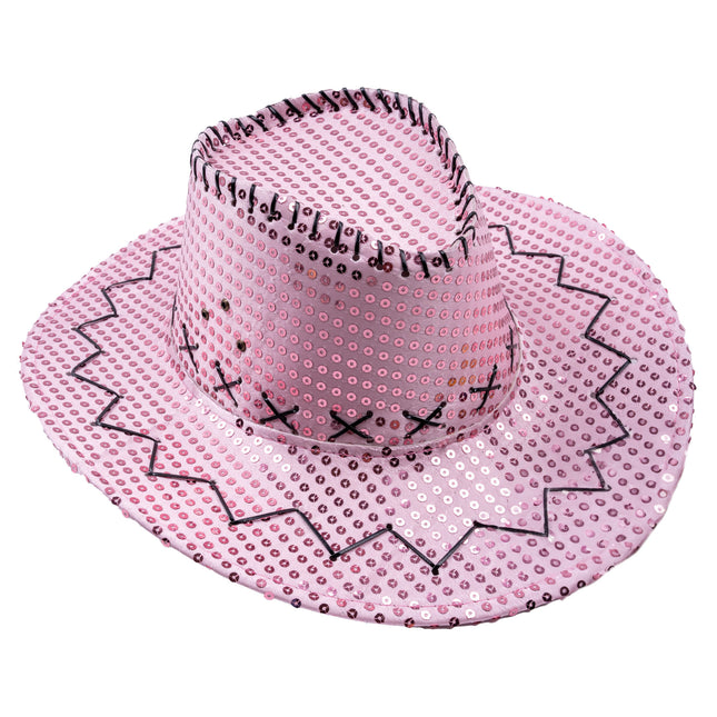 Feestbazaar Roze cowboyhoed met pailletten