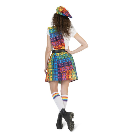 Feestbazaar Schotse Kilt Regenboog met Baret Dames