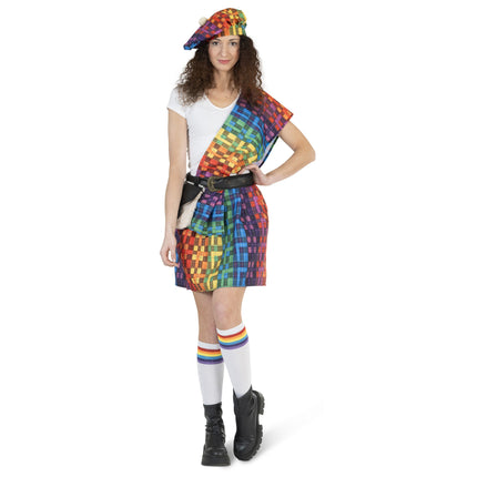 Feestbazaar Schotse Kilt Regenboog met Baret Dames