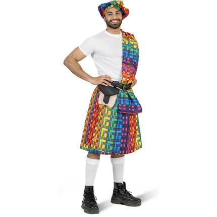 Feestbazaar Schotse Kilt Regenboog met Baret Heren