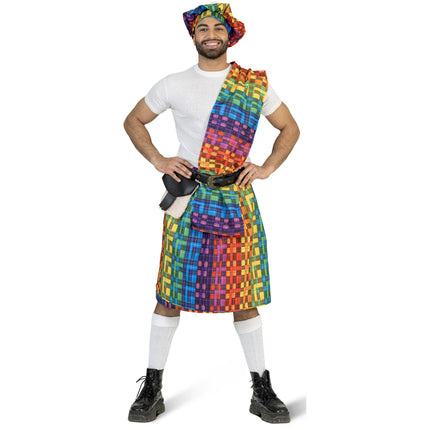 Feestbazaar Schotse Kilt Regenboog met Baret Heren