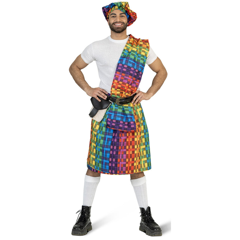 Feestbazaar Schotse Kilt Regenboog met Baret Heren