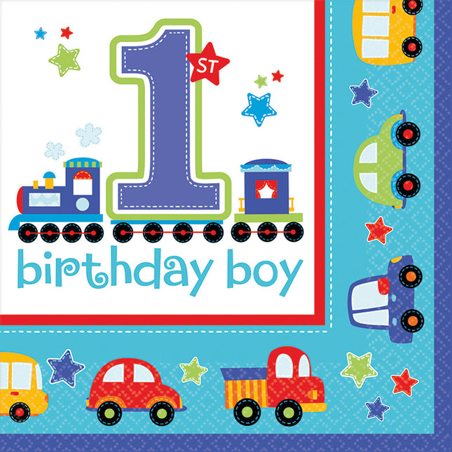 Feestbazaar Servetten 1 Jaar Birthday Boy Auto's - 16 Stuks