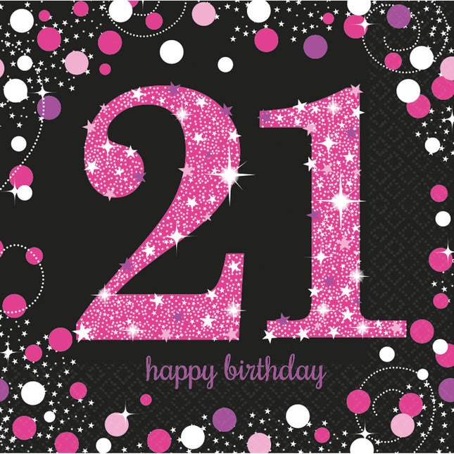 Feestbazaar Servetten 21 Jaar Sparkling Roze - 16 stuks