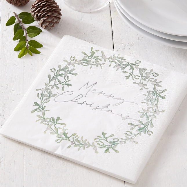 Feestbazaar Servetten Merry Christmas Wit Kerstkrans (16st)