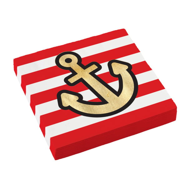 Feestbazaar Servetten Piraten Rood/Wit Anker (16st)