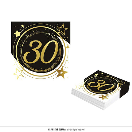 Feestbazaar Servetten Sterren zwart/wit/goud 30 Jaar (12st)