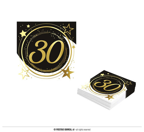 Feestbazaar Servetten Sterren zwart/wit/goud 30 Jaar (12st)