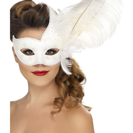 Feestbazaar Sierlijk Oogmasker Wit Met Luxe Veer