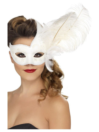 Feestbazaar Sierlijk Oogmasker Wit Met Luxe Veer