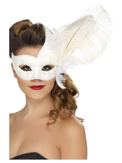 Feestbazaar Sierlijk Oogmasker Wit Met Luxe Veer