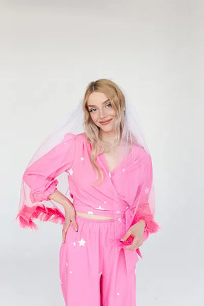 Feestbazaar Sluier met Franjes Pink Ombre 69cm