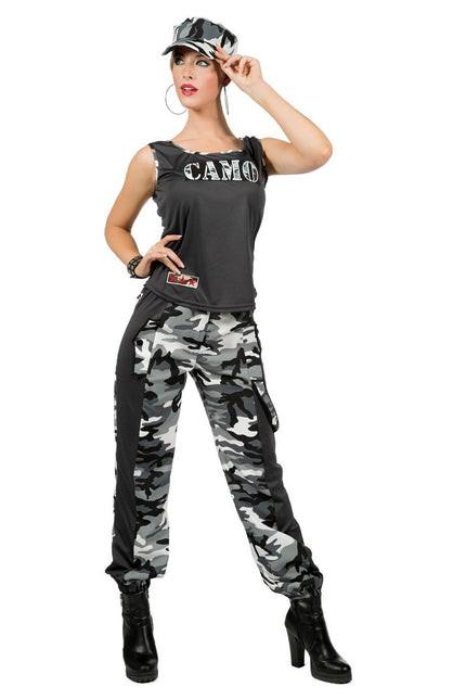 Feestbazaar Soldaat Camouflage Kostuum Vrouw Grijs