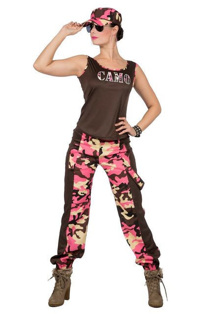 Feestbazaar Soldaat Camouflage Kostuum Vrouw Roze