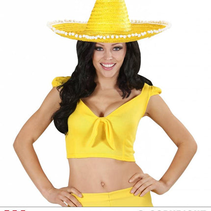 Feestbazaar Sombrero geel 50cm met pompons