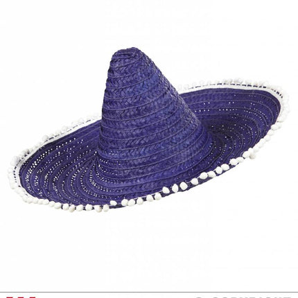 Feestbazaar Sombrero paars/blauw 50cm met pompons