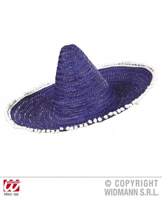 Feestbazaar Sombrero paars/blauw 50cm met pompons