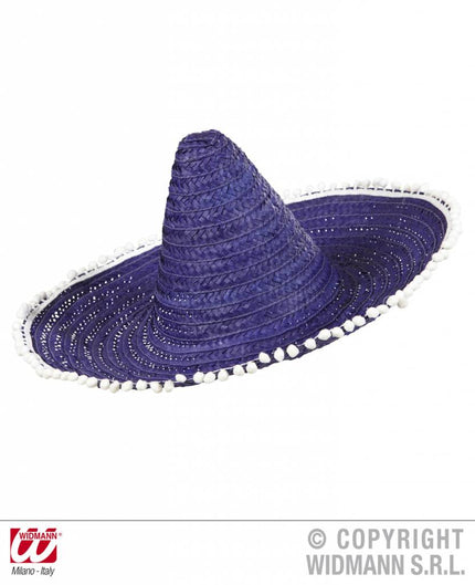 Feestbazaar Sombrero paars/blauw 50cm met pompons