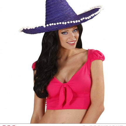 Feestbazaar Sombrero paars/blauw 50cm met pompons