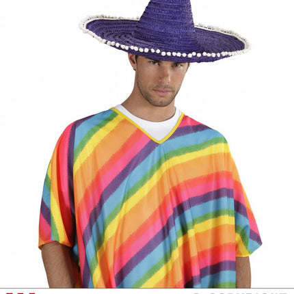 Feestbazaar Sombrero paars/blauw 50cm met pompons