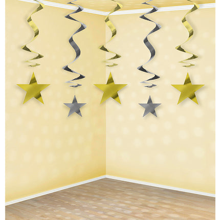 Feestbazaar Spiraalhangers Sterren Goud/Zilver 60cm (5st)