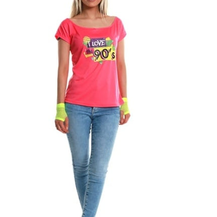 Feestbazaar T-Shirt Neon Pink I Love The 90's Dames