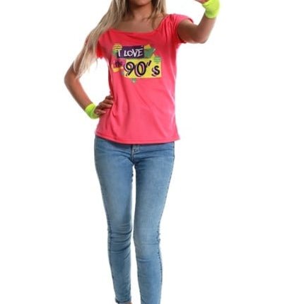 Feestbazaar T-Shirt Neon Pink I Love The 90's Dames