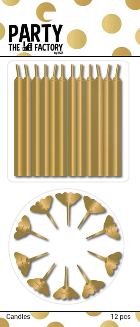 Feestbazaar Taartkaarsjes 12 stuks + houders goud 12 stuks