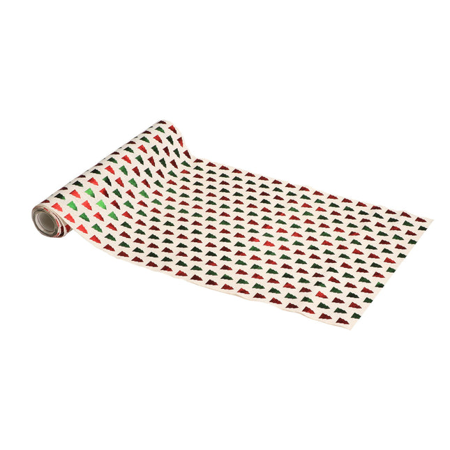 Feestbazaar Tafelloper Metallic Kerstbomen Rood/Groen (28cm x 3m)