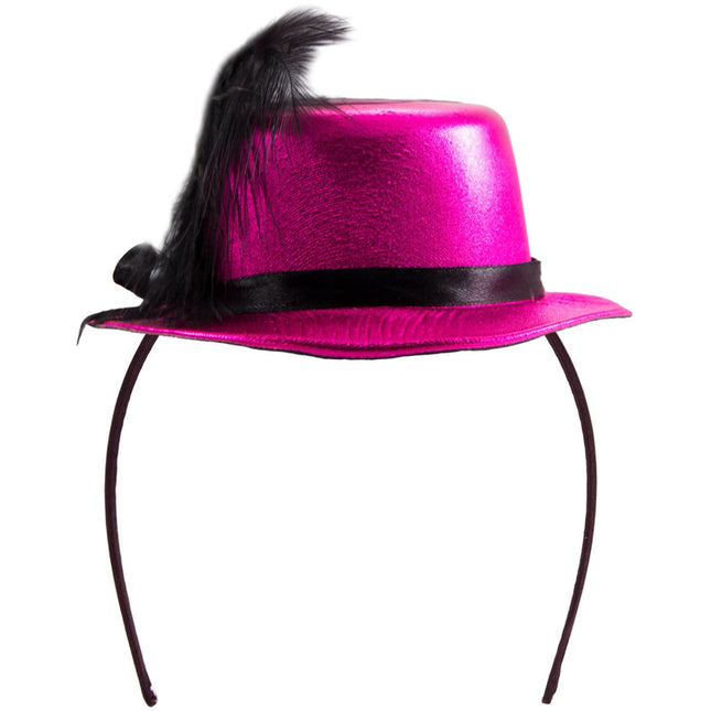 Feestbazaar Tiara met mini hoedje metallic magenta