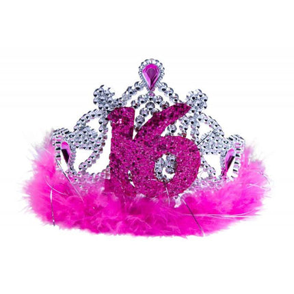 Feestbazaar Tiara roze bont sweet 16