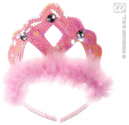 Feestbazaar Tiara roze pailletten met marabou en 3 stenen