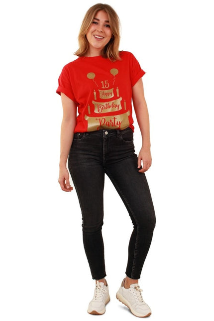 Feestbazaar Toppers T-Shirt Happy Birthday Rood