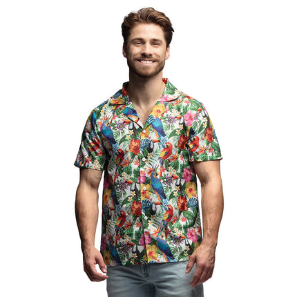Feestbazaar Tropische Blouse Papegaai Bloemen Korte Mouw