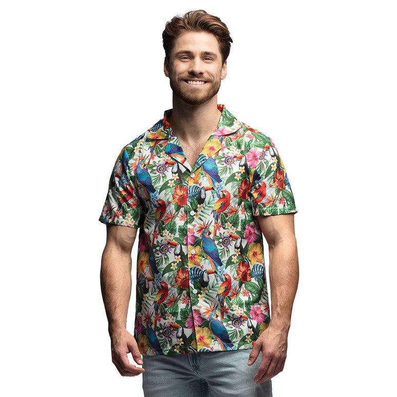Feestbazaar Tropische Blouse Papegaai Bloemen Korte Mouw